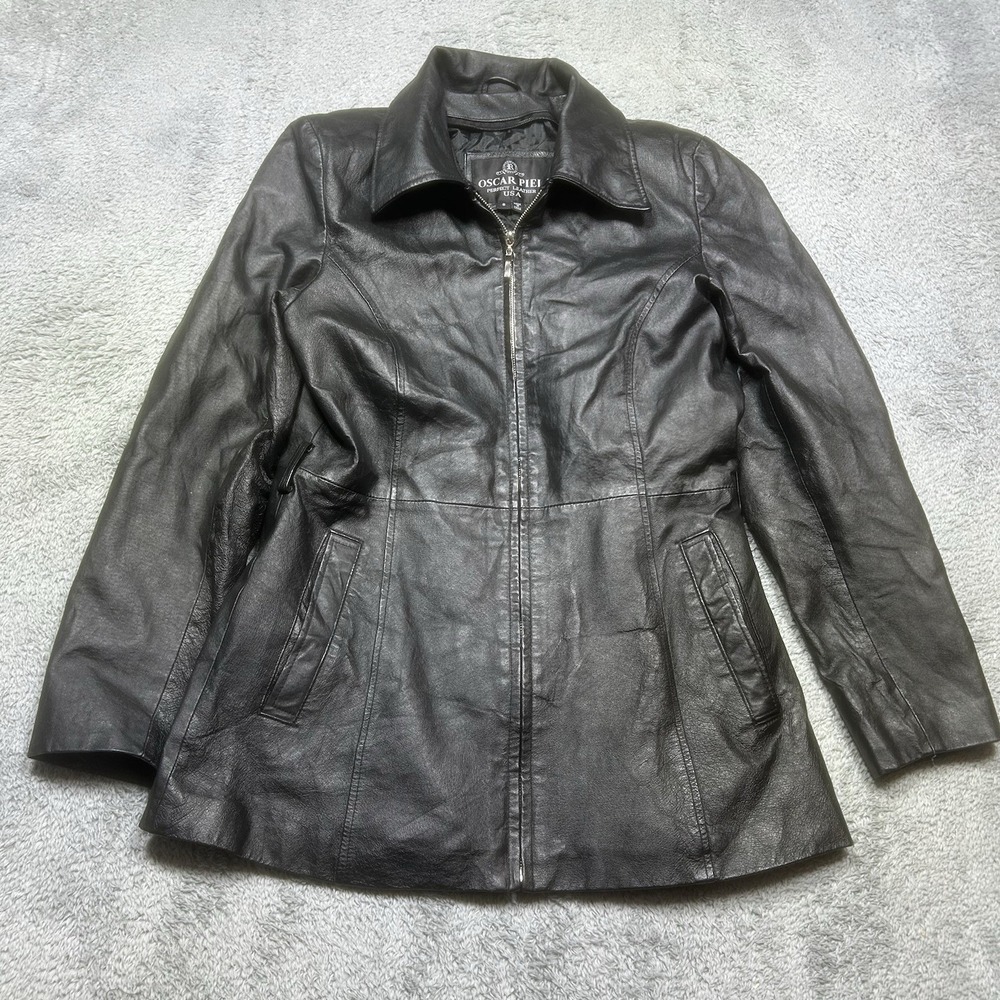 VTG Oscar Piel Leather Jacket Women's S Black Lined Moto Biker Y2K MISSING BELT